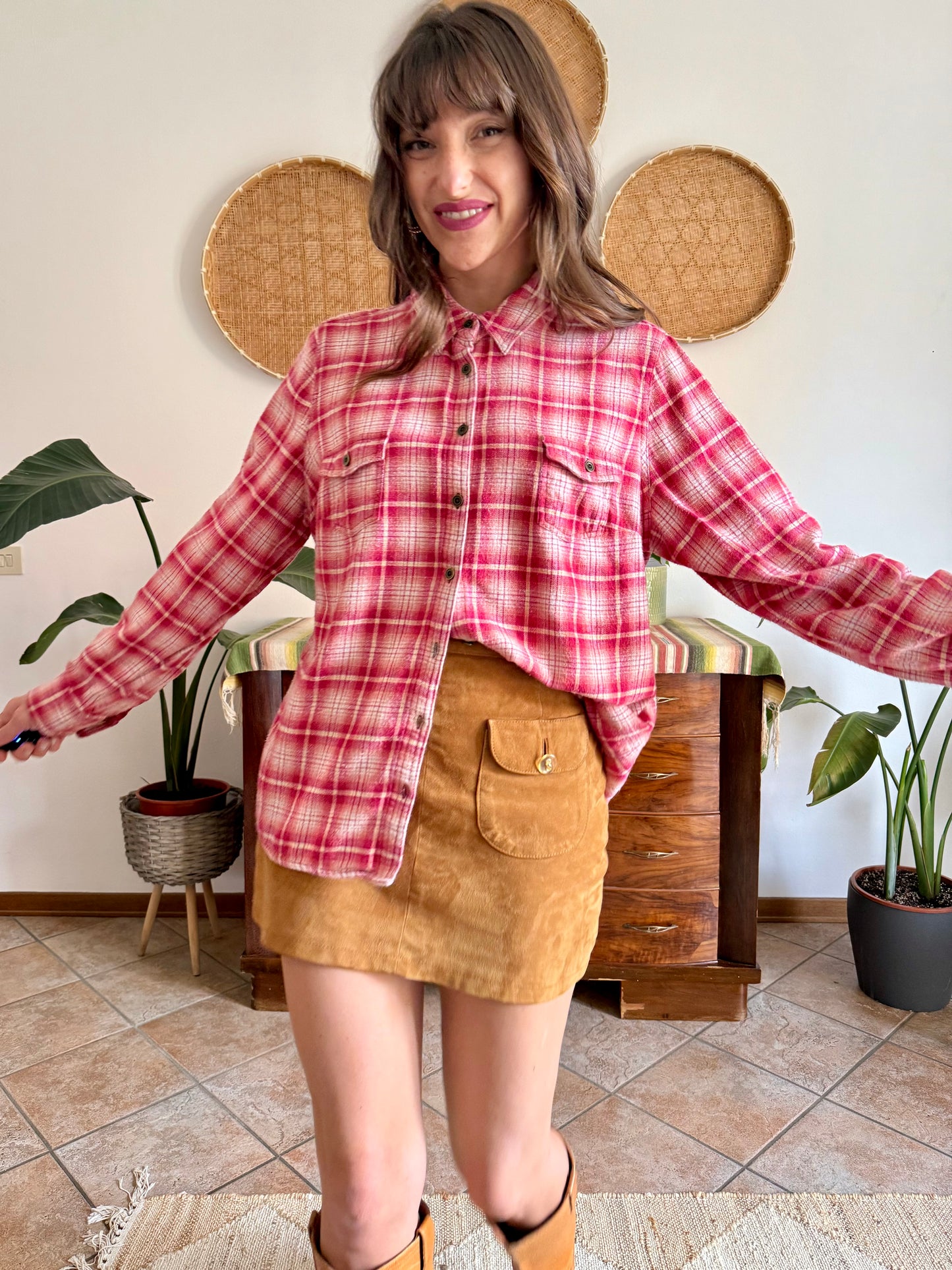 Y2k vintage orange and fuchsia plaid western button down shirt