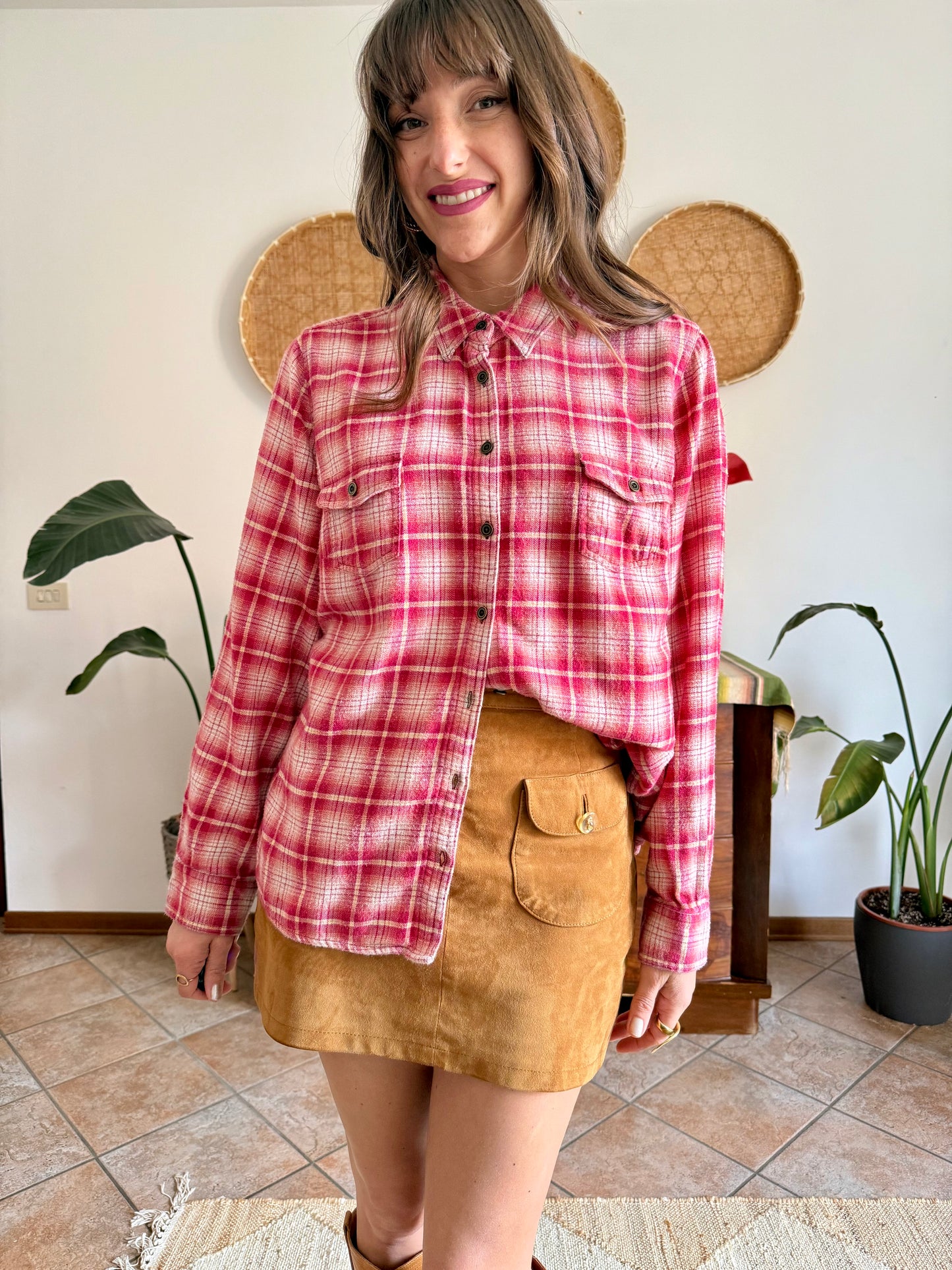 Y2k vintage orange and fuchsia plaid western button down shirt