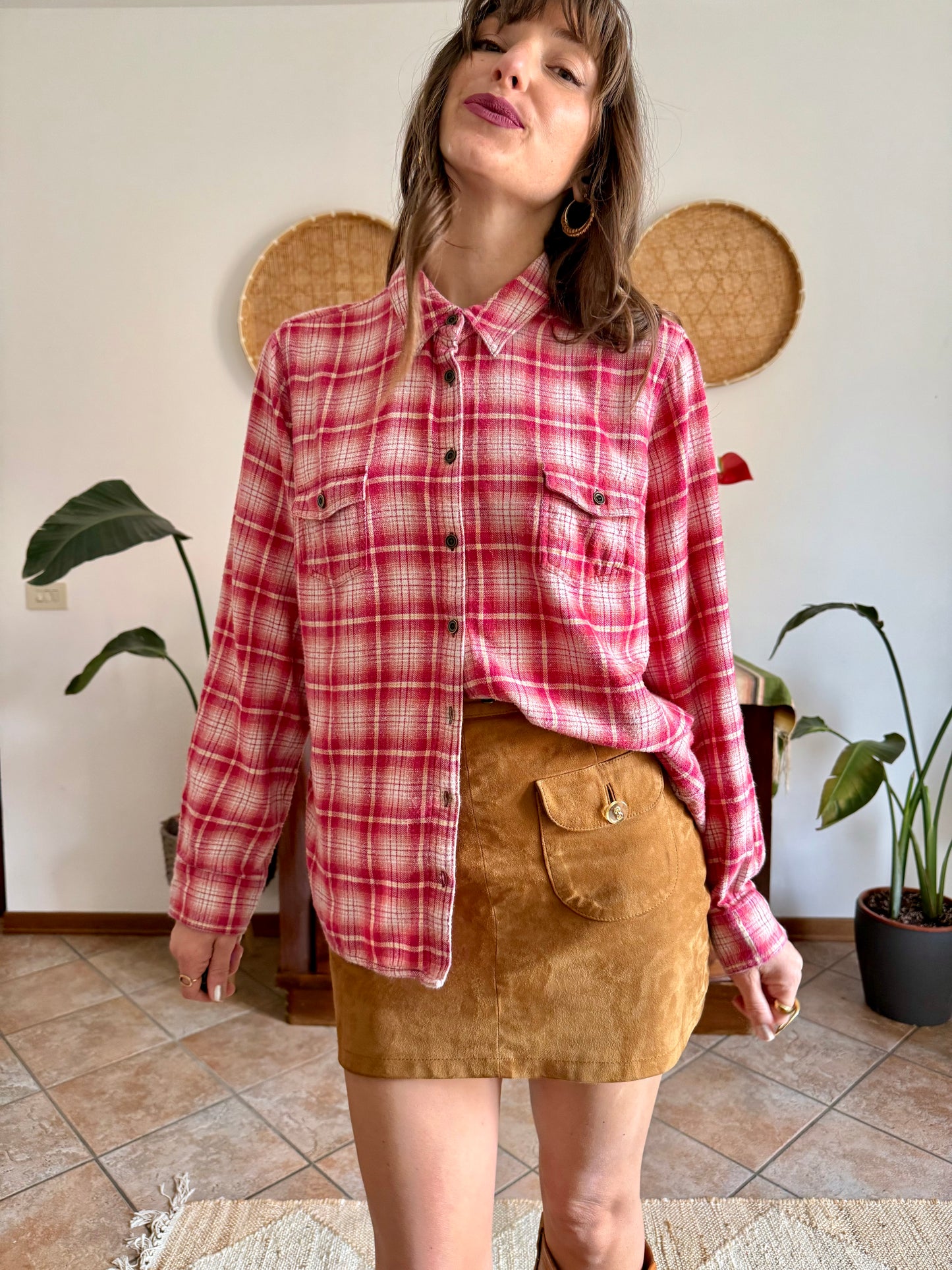 Y2k vintage orange and fuchsia plaid western button down shirt