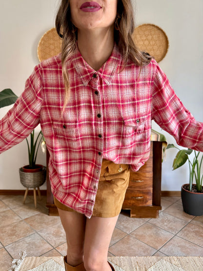 Y2k vintage orange and fuchsia plaid western button down shirt