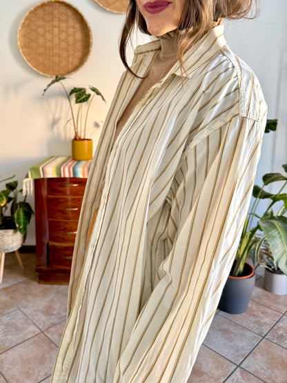 1970's vintage oversize cream shirt with tan, brown and light blue pin striping