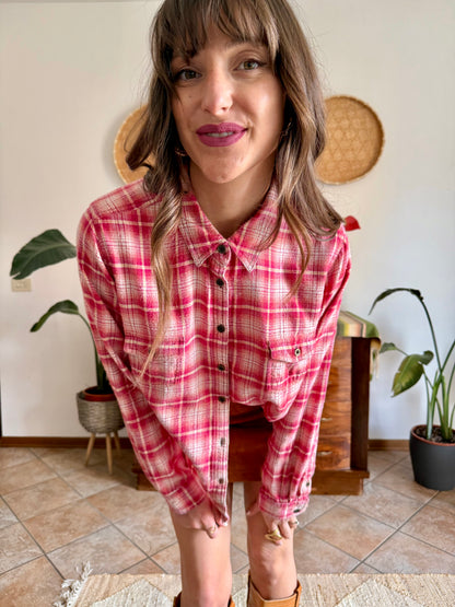 Y2k vintage orange and fuchsia plaid western button down shirt