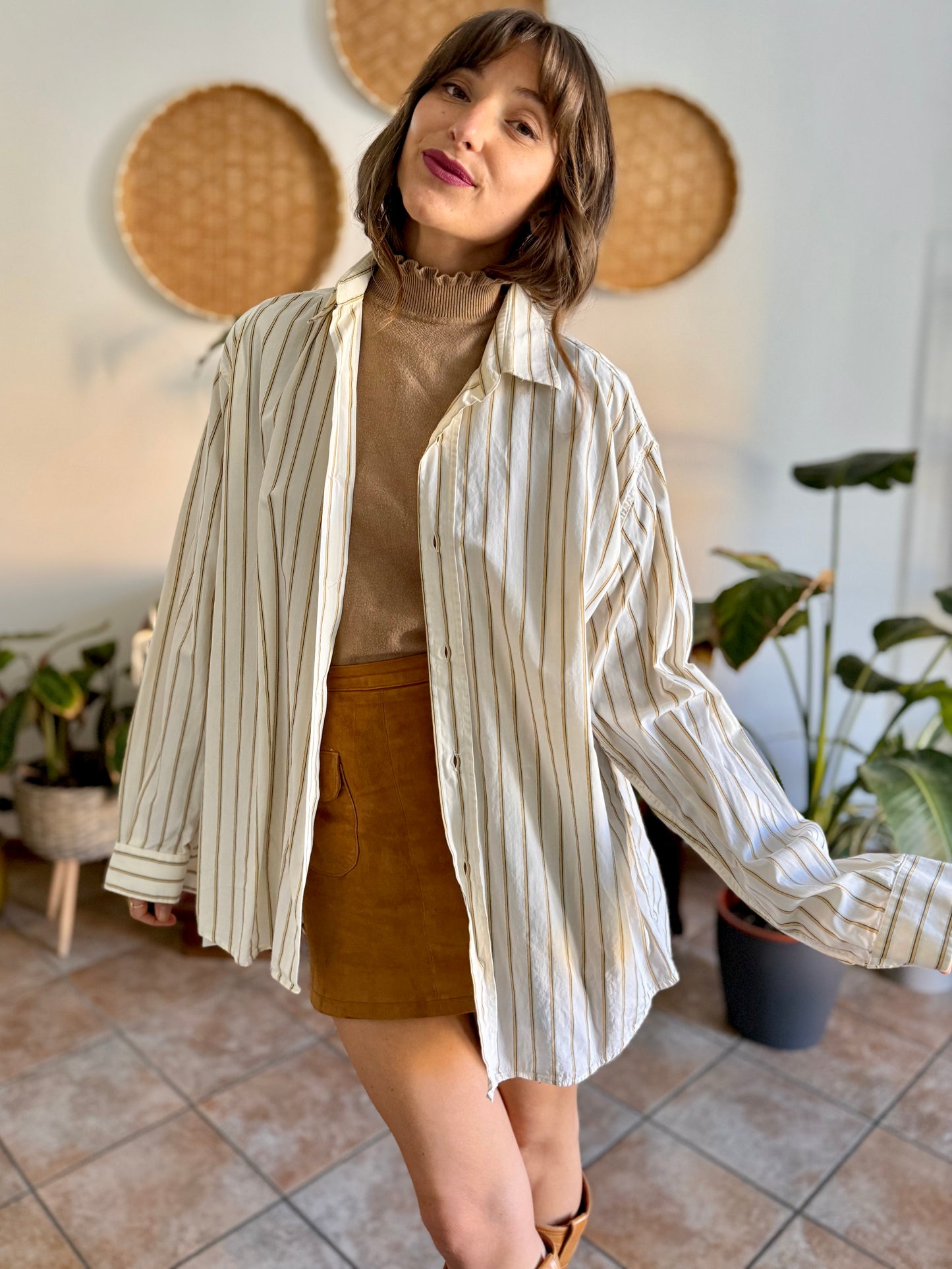 1970's vintage oversize cream shirt with tan, brown and light blue pin striping