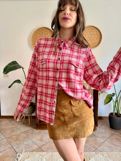 Y2k vintage orange and fuchsia plaid western button down shirt