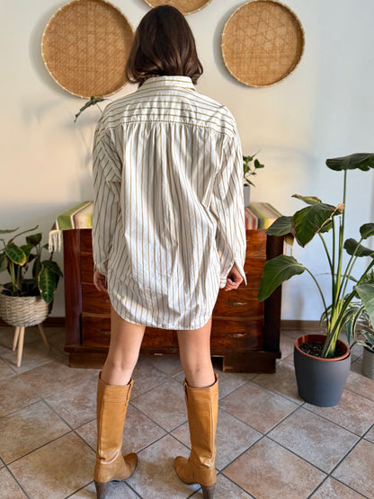 1970's vintage oversize cream shirt with tan, brown and light blue pin striping