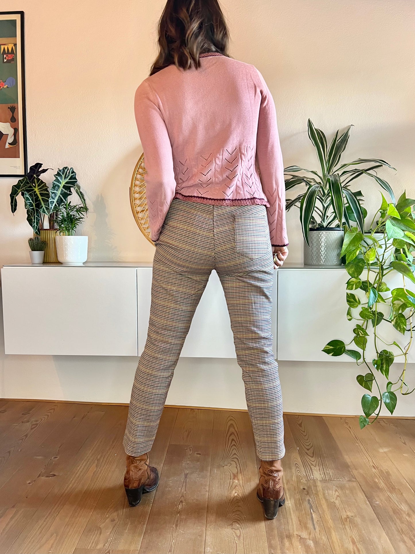 1990's vintage burgundy and brown houndstooth trousers