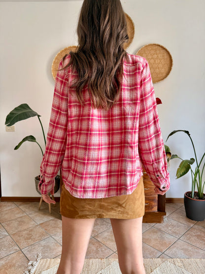 Y2k vintage orange and fuchsia plaid western button down shirt