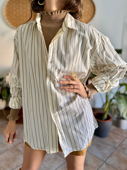 1970's vintage oversize cream shirt with tan, brown and light blue pin striping