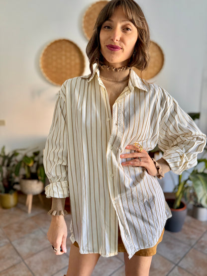 1970's vintage oversize cream shirt with tan, brown and light blue pin striping