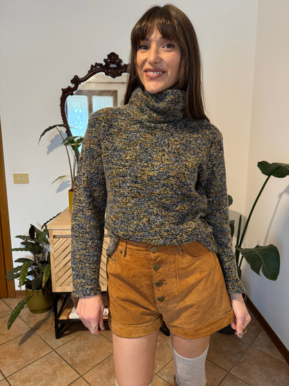 1990's vintage charcoal grey, yellow and blue boucle knit turtleneck pullover