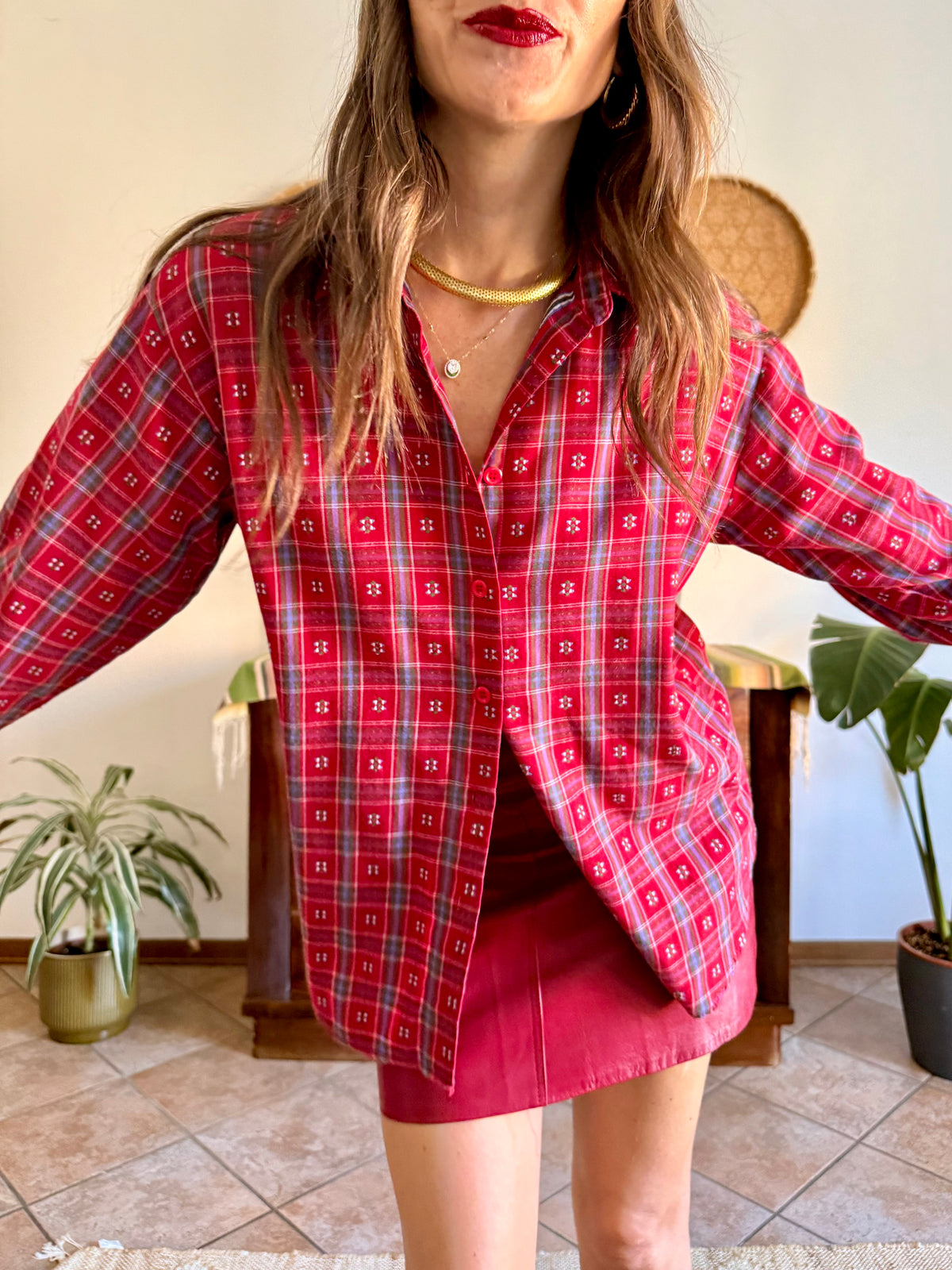 1970's vintage red, blue and green plaid with embroidered geometric pattern