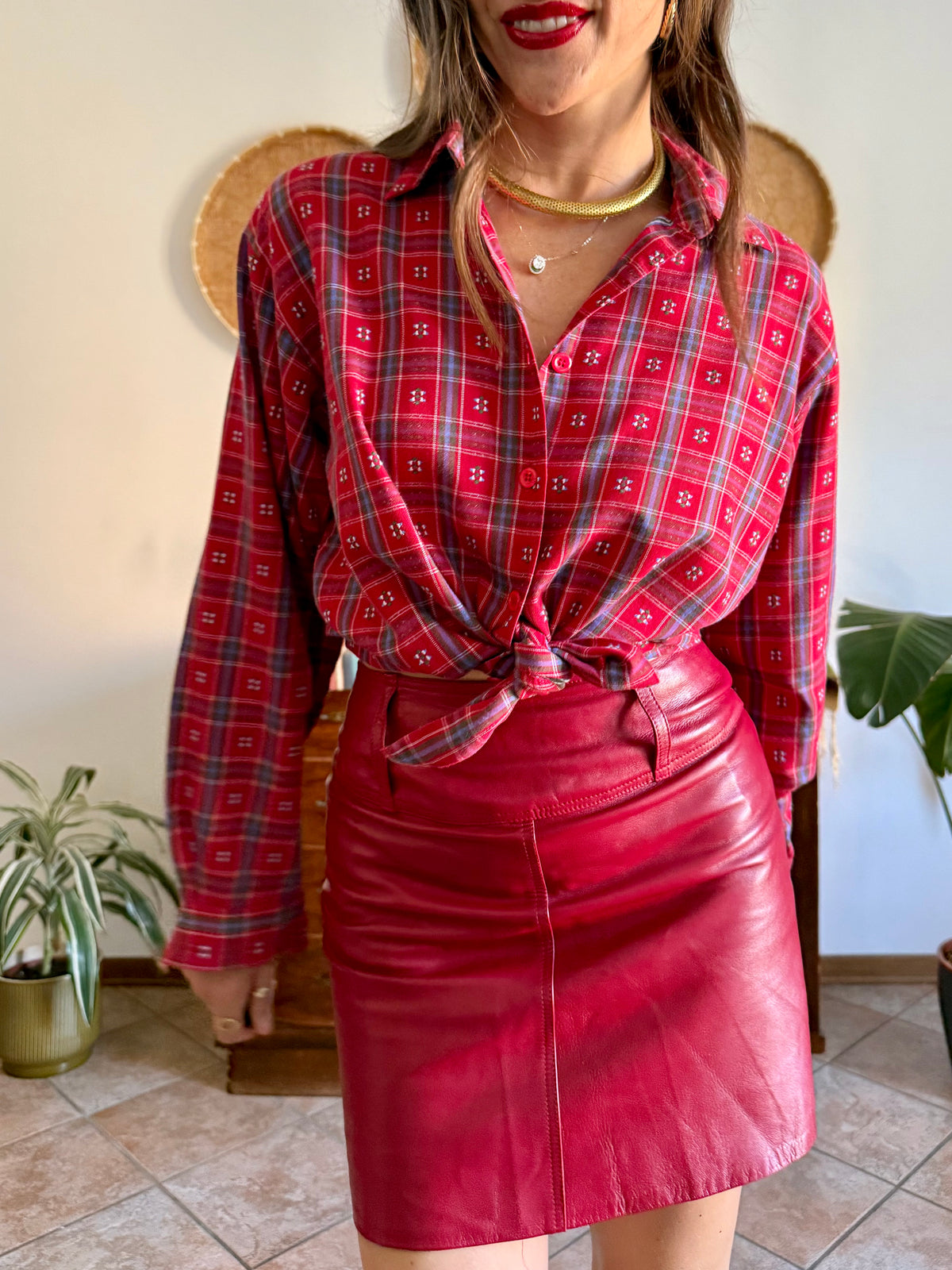 1970's vintage red, blue and green plaid with embroidered geometric pattern