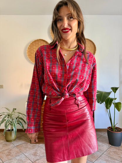 1970's vintage red, blue and green plaid with embroidered geometric pattern