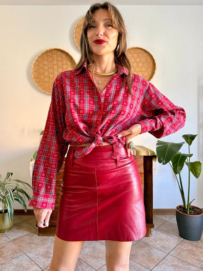 1970's vintage red, blue and green plaid with embroidered geometric pattern