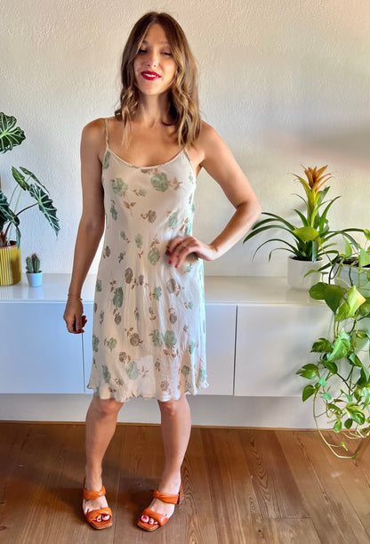 1990's vintage tan mini dress with light turquoise floral print