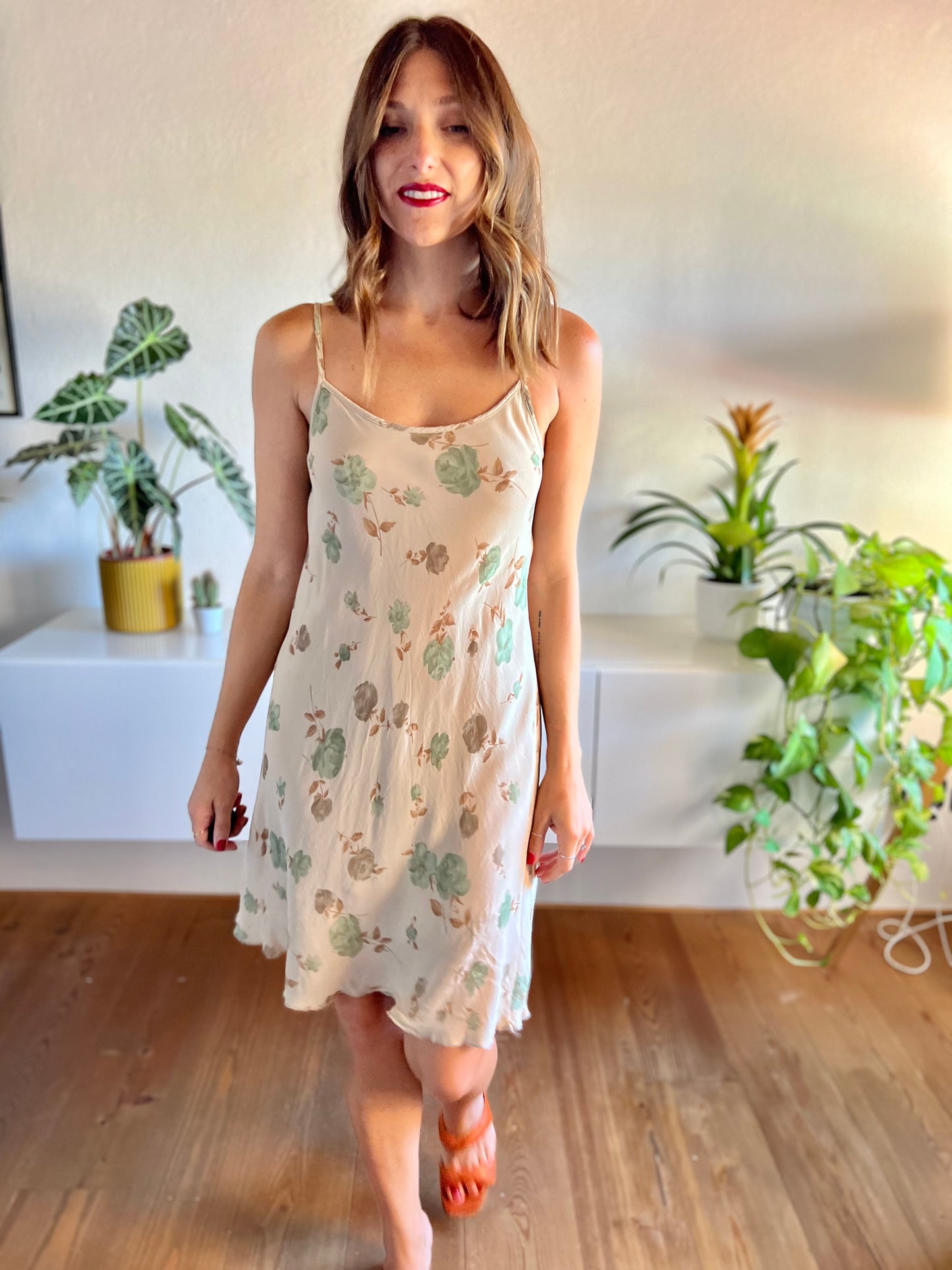 1990's vintage tan mini dress with light turquoise floral print