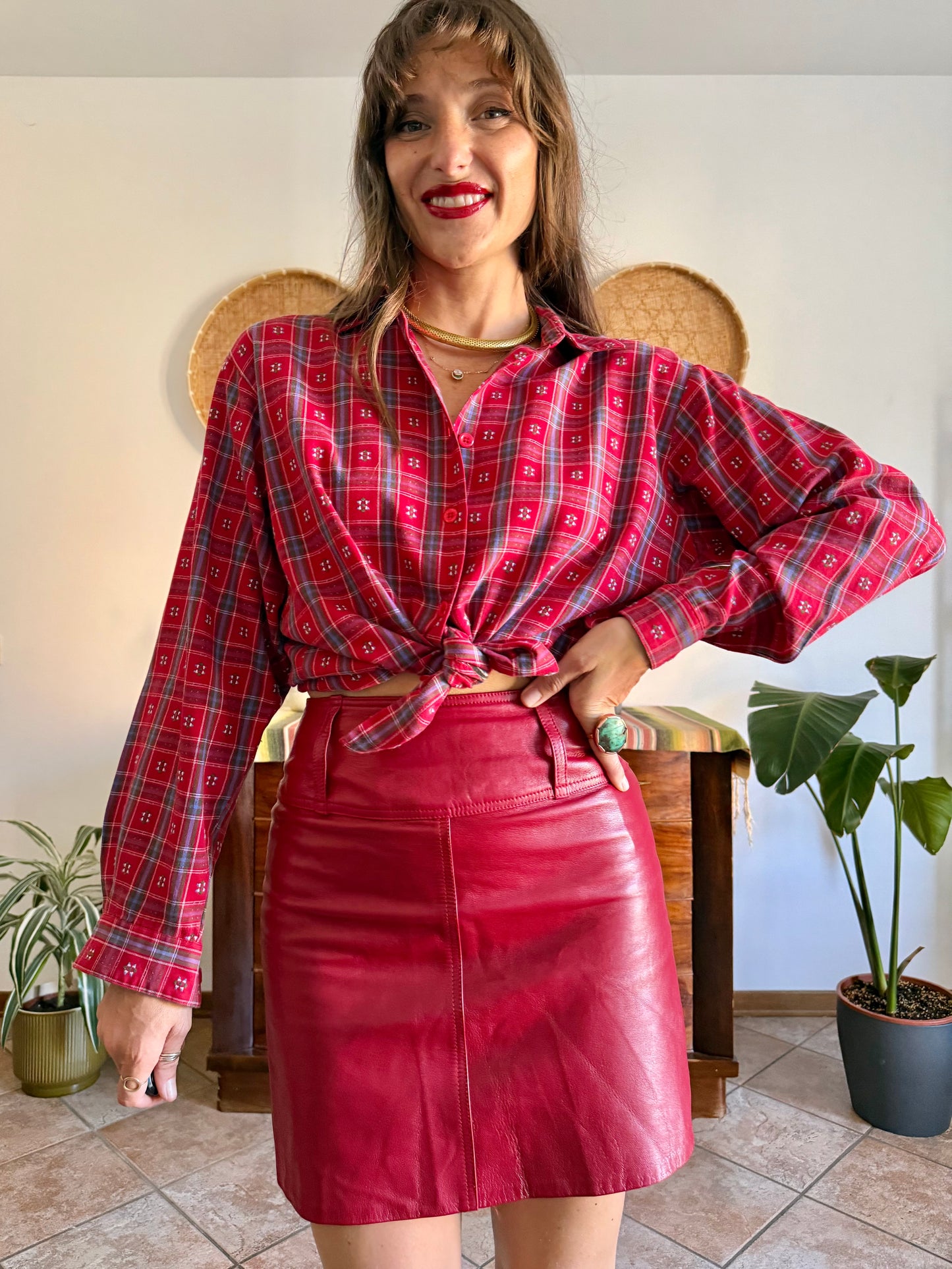 1970's vintage red, blue and green plaid with embroidered geometric pattern