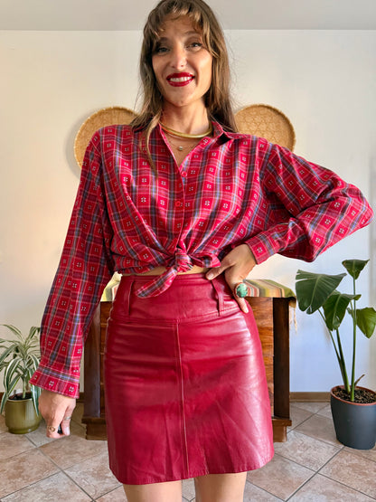1970's vintage red, blue and green plaid with embroidered geometric pattern
