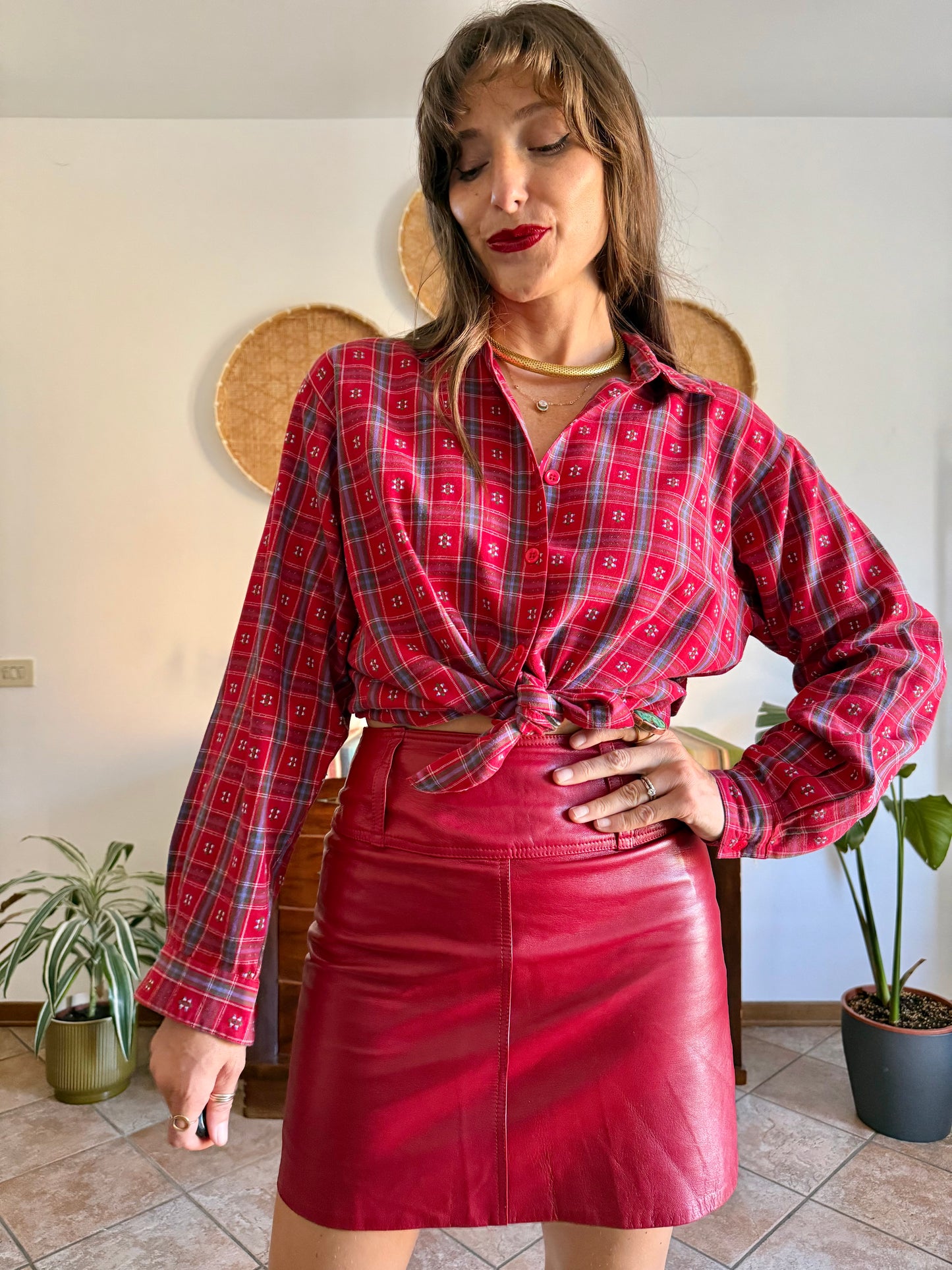 1970's vintage red, blue and green plaid with embroidered geometric pattern
