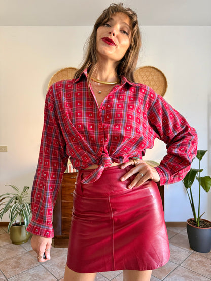 1970's vintage red, blue and green plaid with embroidered geometric pattern