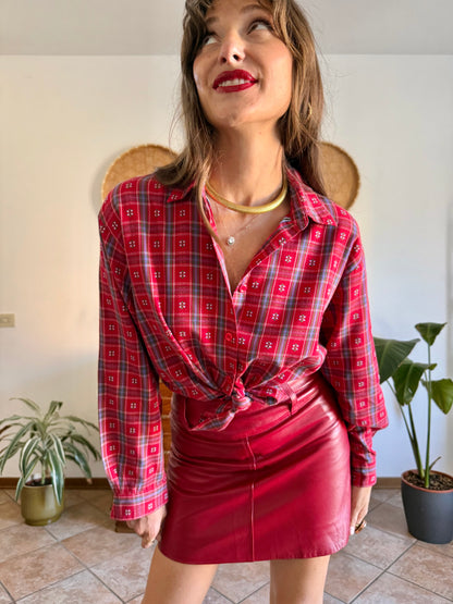 1970's vintage red, blue and green plaid with embroidered geometric pattern