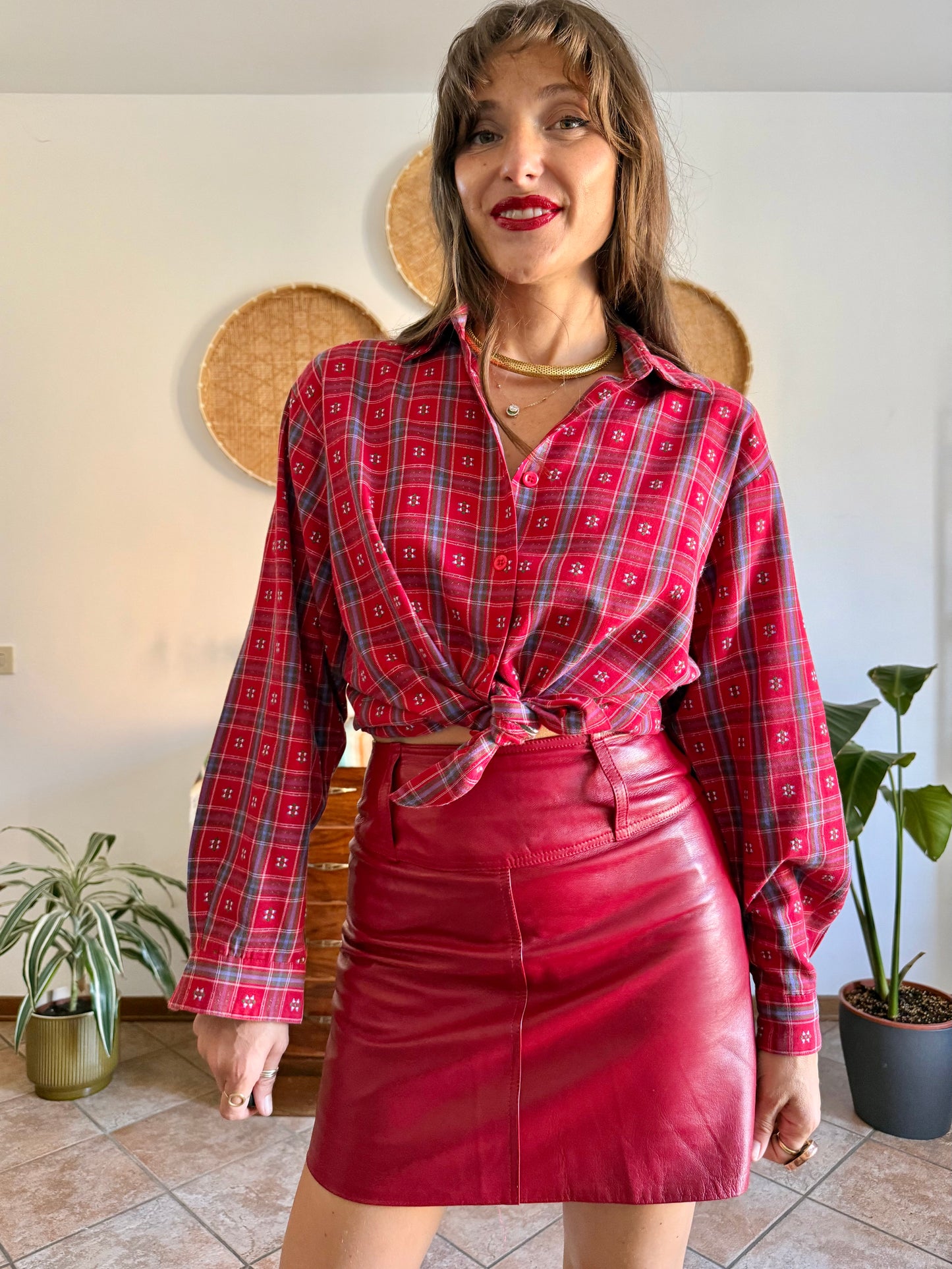 1970's vintage red, blue and green plaid with embroidered geometric pattern