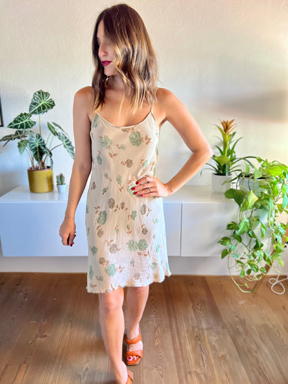 1990's vintage tan mini dress with light turquoise floral print