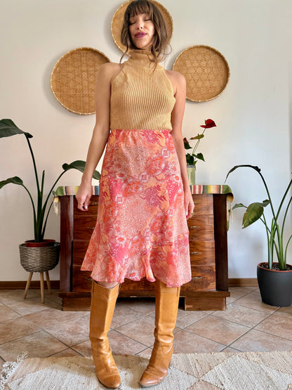 Y2k vintage pink and orange paisley midi skirt