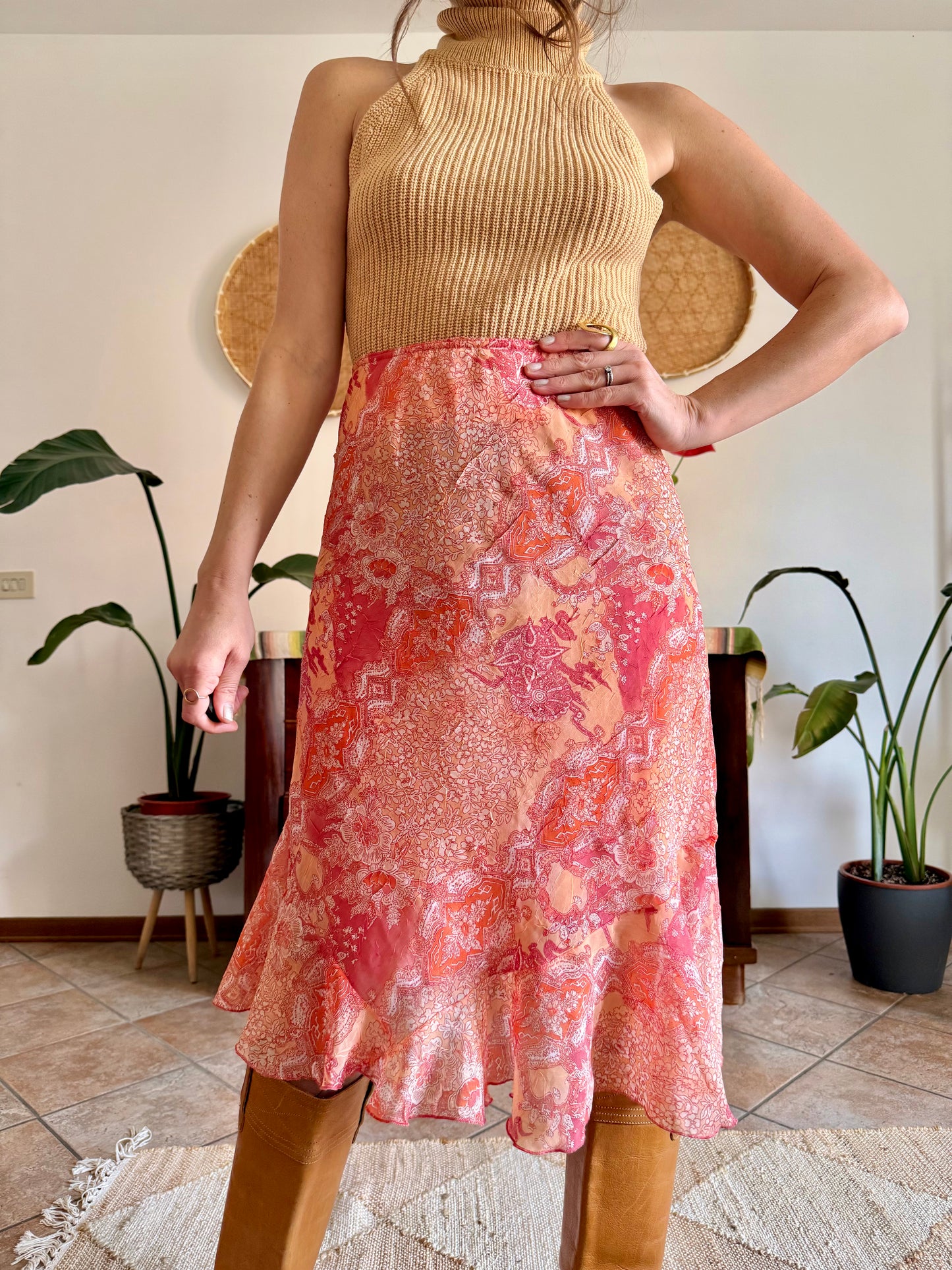 Y2k vintage pink and orange paisley midi skirt