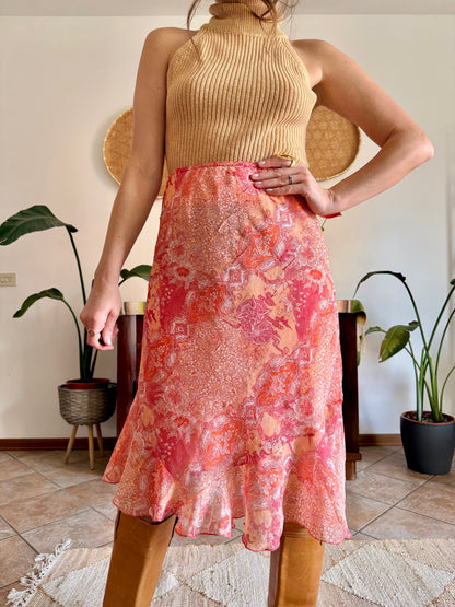 Y2k vintage pink and orange paisley midi skirt