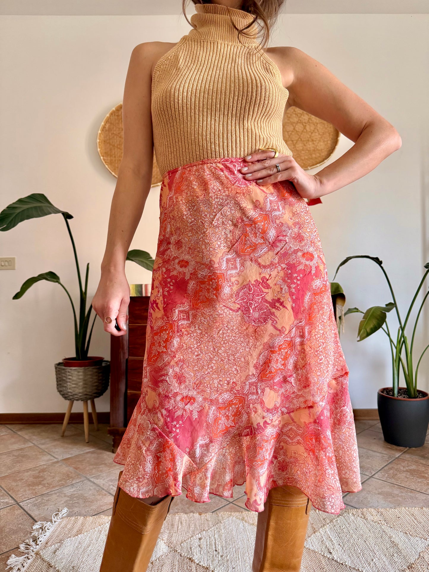 Y2k vintage pink and orange paisley midi skirt