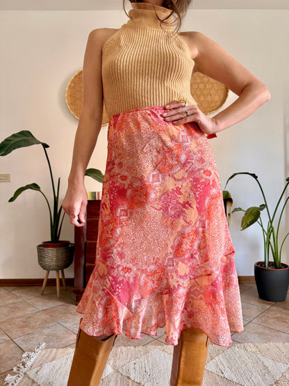 Y2k vintage pink and orange paisley midi skirt