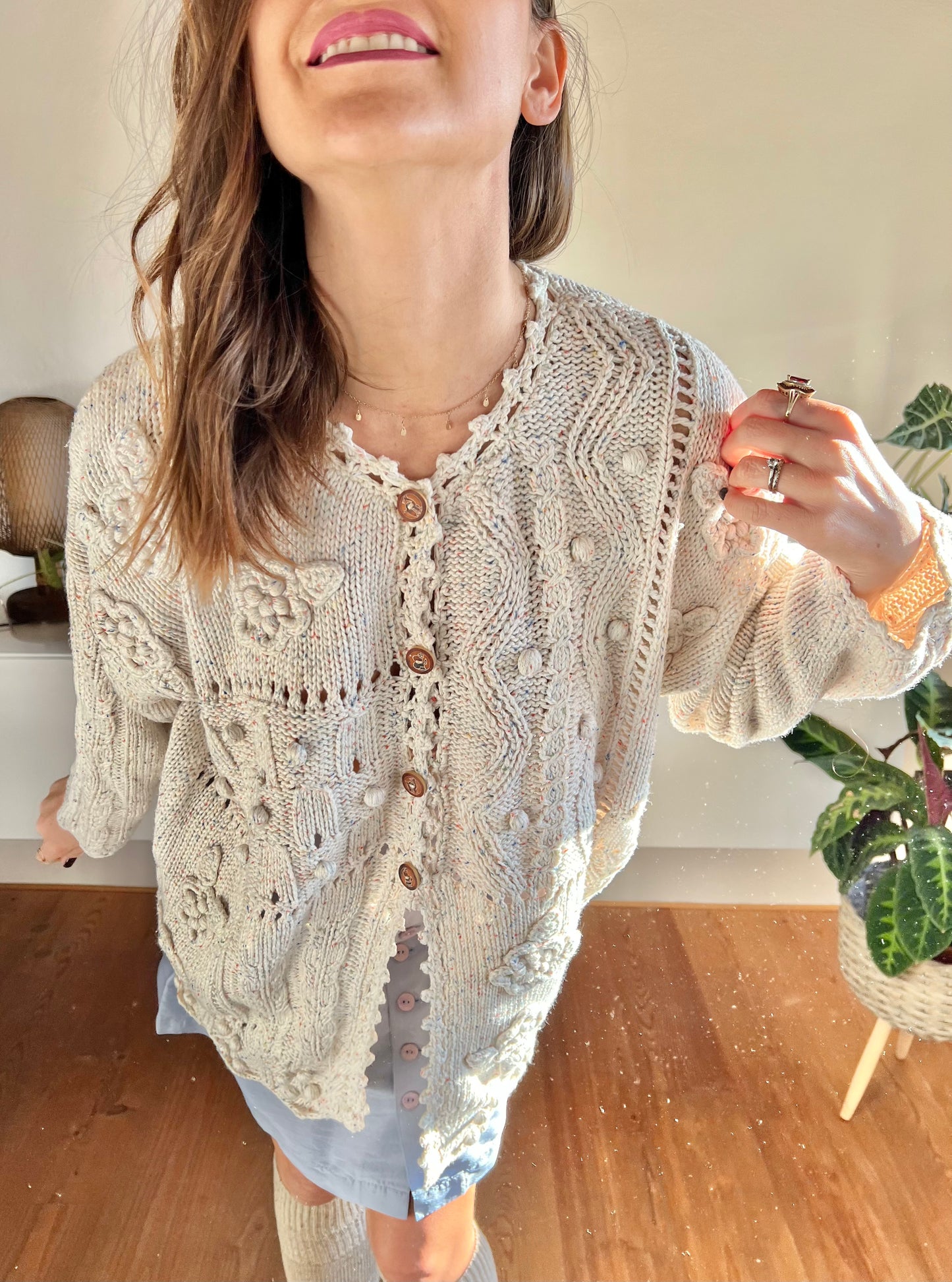 1970's vintage cream knit cream cardigan with rainbow speckles and 3d knot flowers