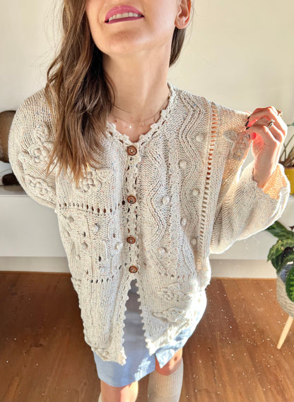 1970's vintage cream knit cream cardigan with rainbow speckles and 3d knot flowers