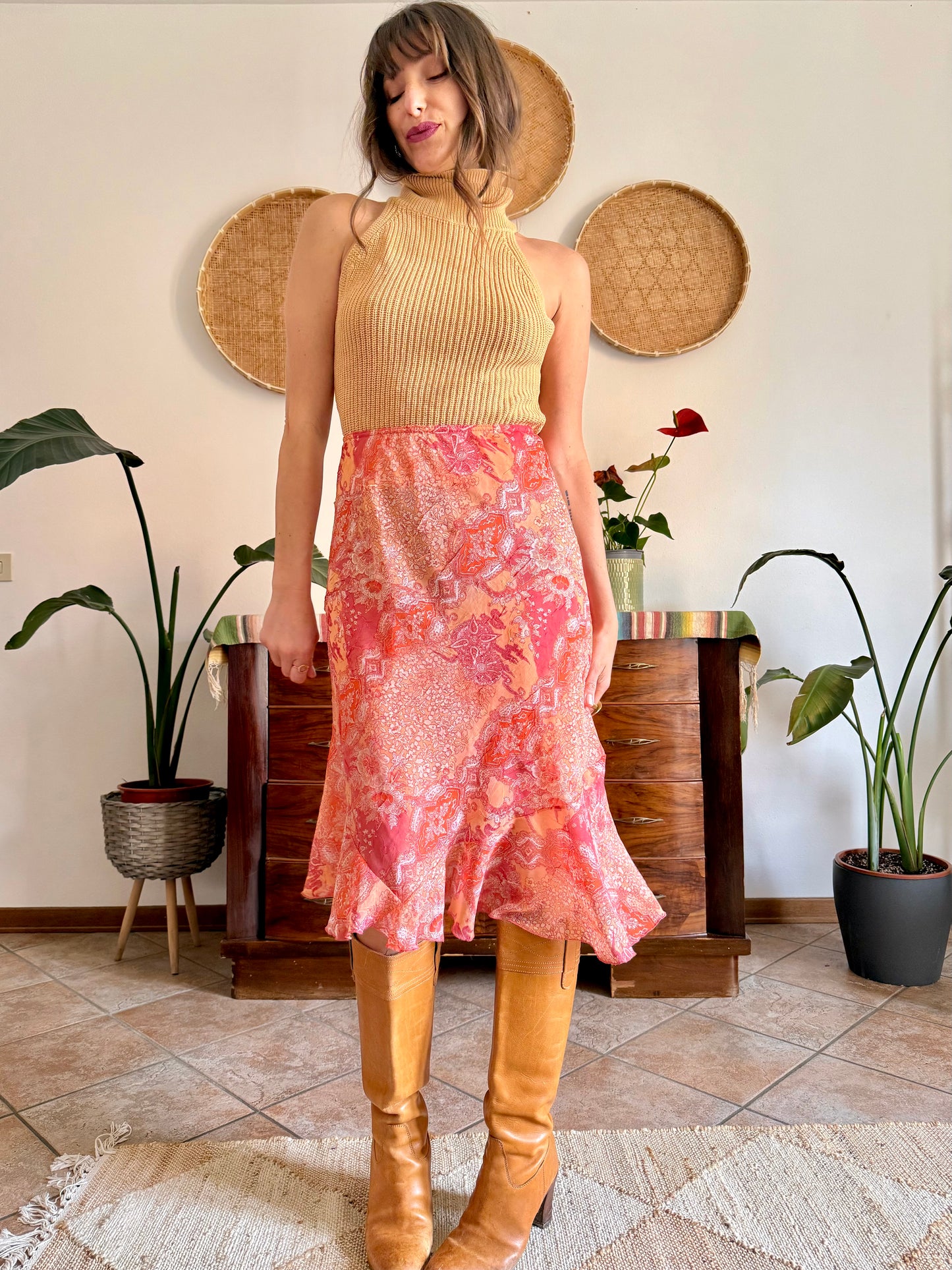 Y2k vintage pink and orange paisley midi skirt
