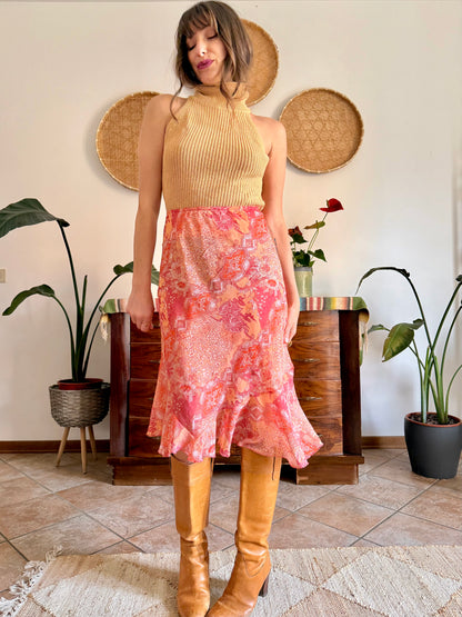Y2k vintage pink and orange paisley midi skirt