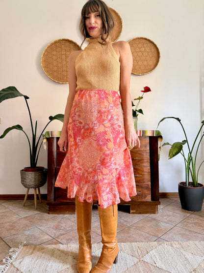 Y2k vintage pink and orange paisley midi skirt