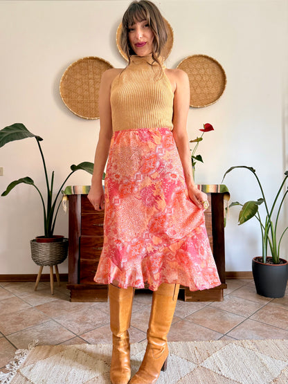 Y2k vintage pink and orange paisley midi skirt