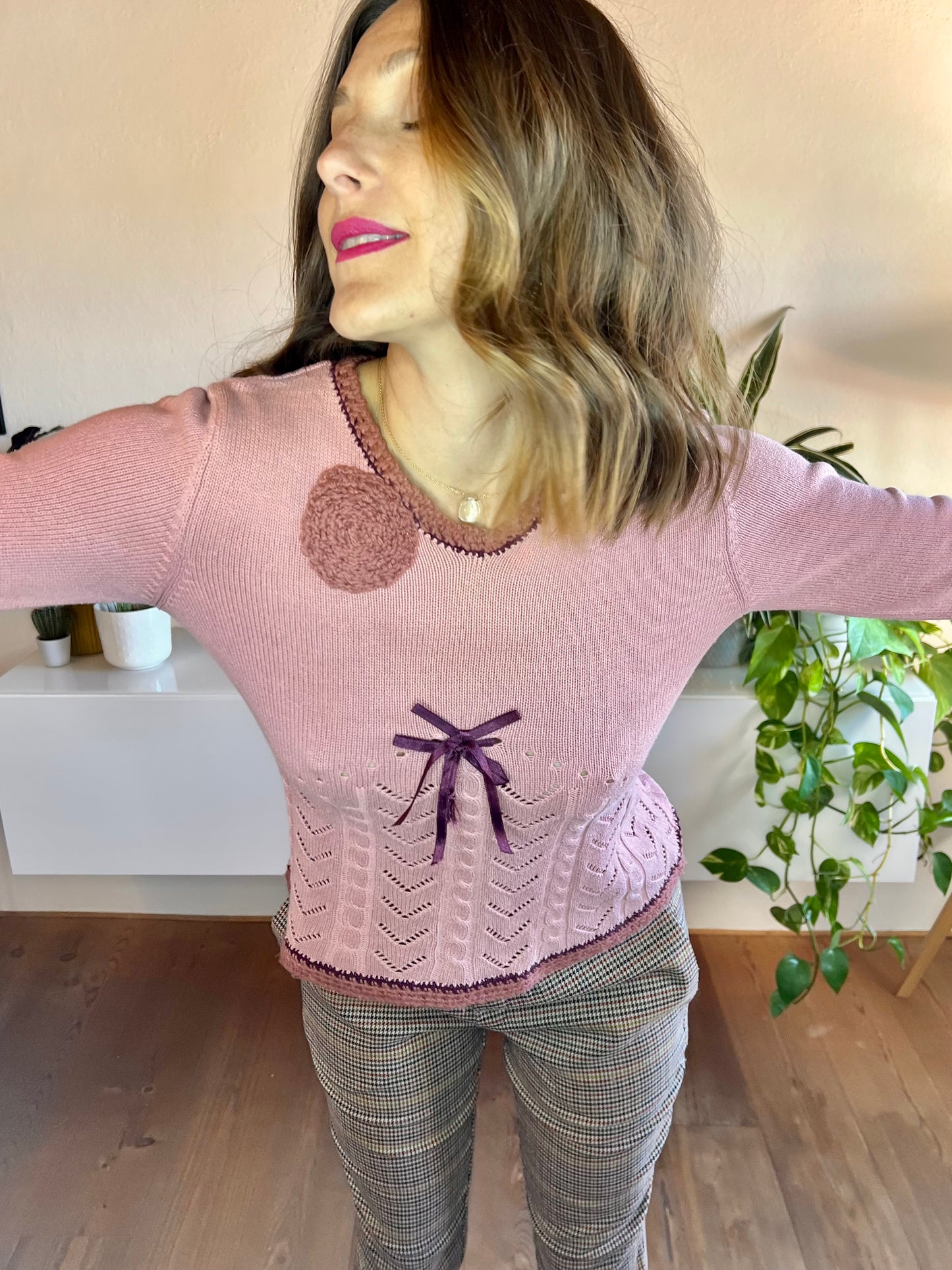 1990's vintage pink and purple knit bell sleeve pullover