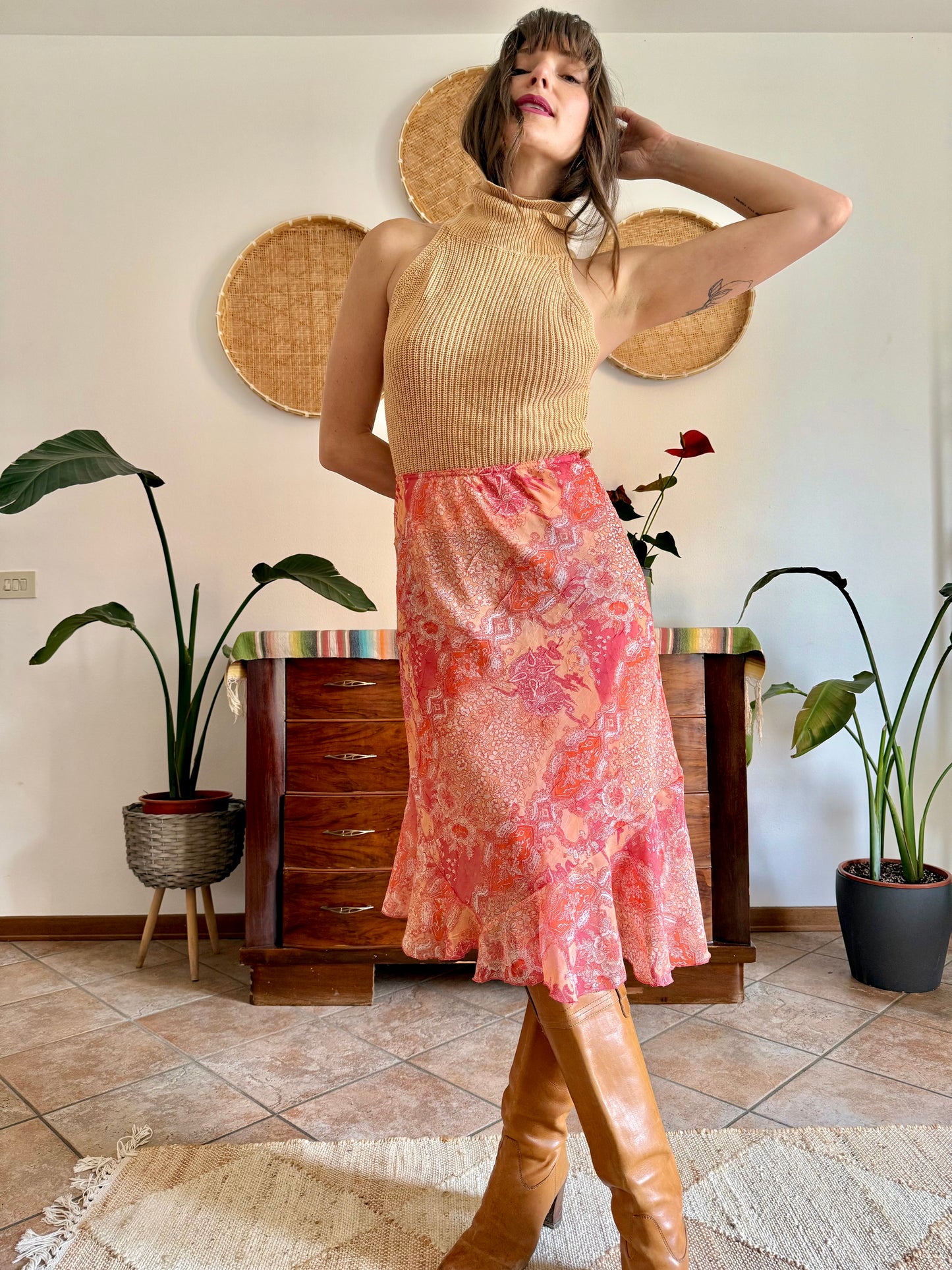 Y2k vintage pink and orange paisley midi skirt