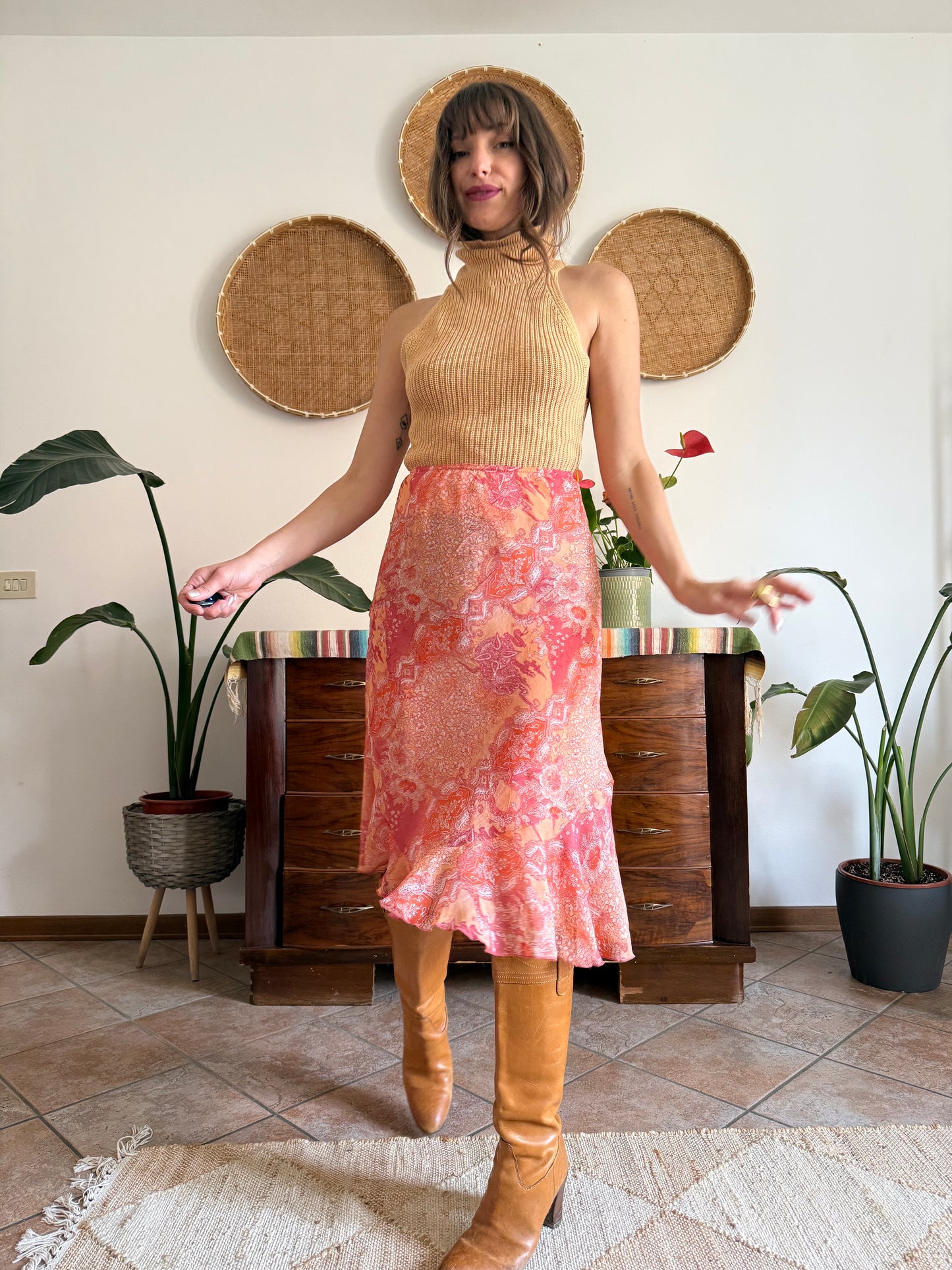 Y2k vintage pink and orange paisley midi skirt