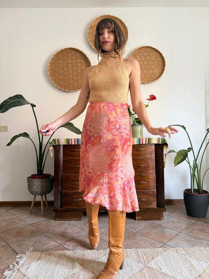 Y2k vintage pink and orange paisley midi skirt