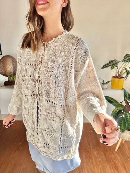 1970's vintage cream knit cream cardigan with rainbow speckles and 3d knot flowers