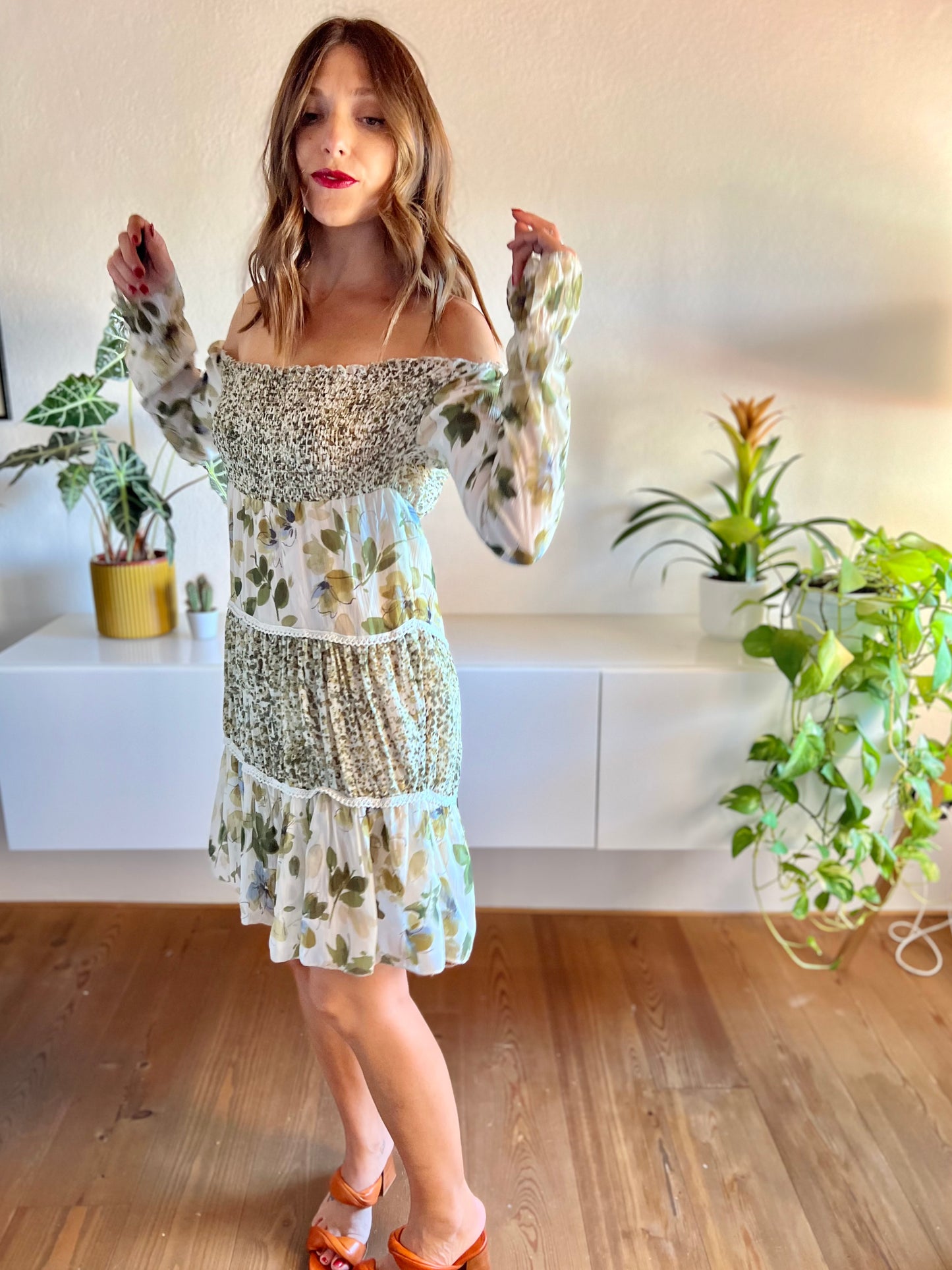 Y2k vintage off the shoulder green and cream floral mini dress