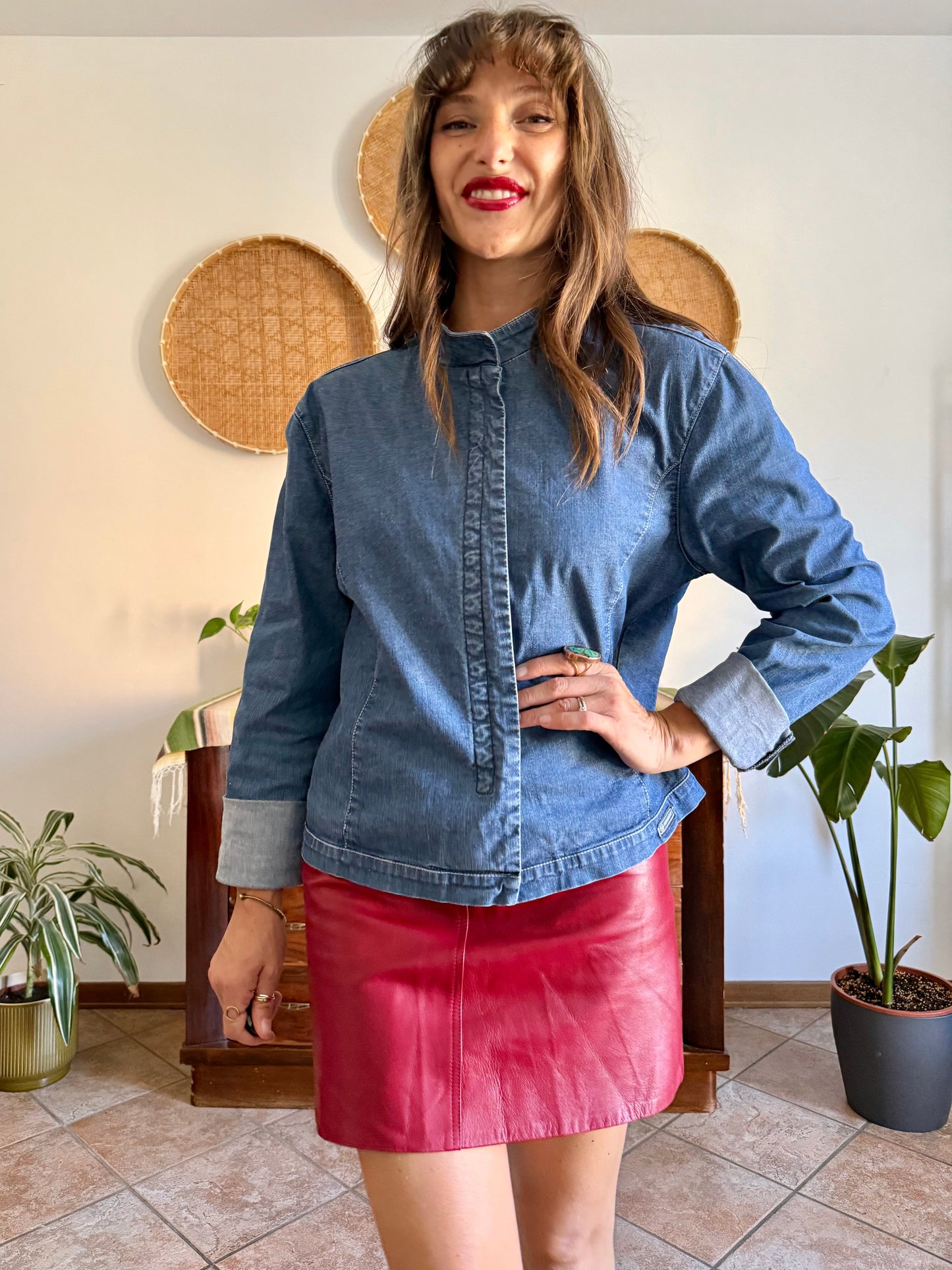 Y2k vintage dark blue denim hook and eye closure denim shirt