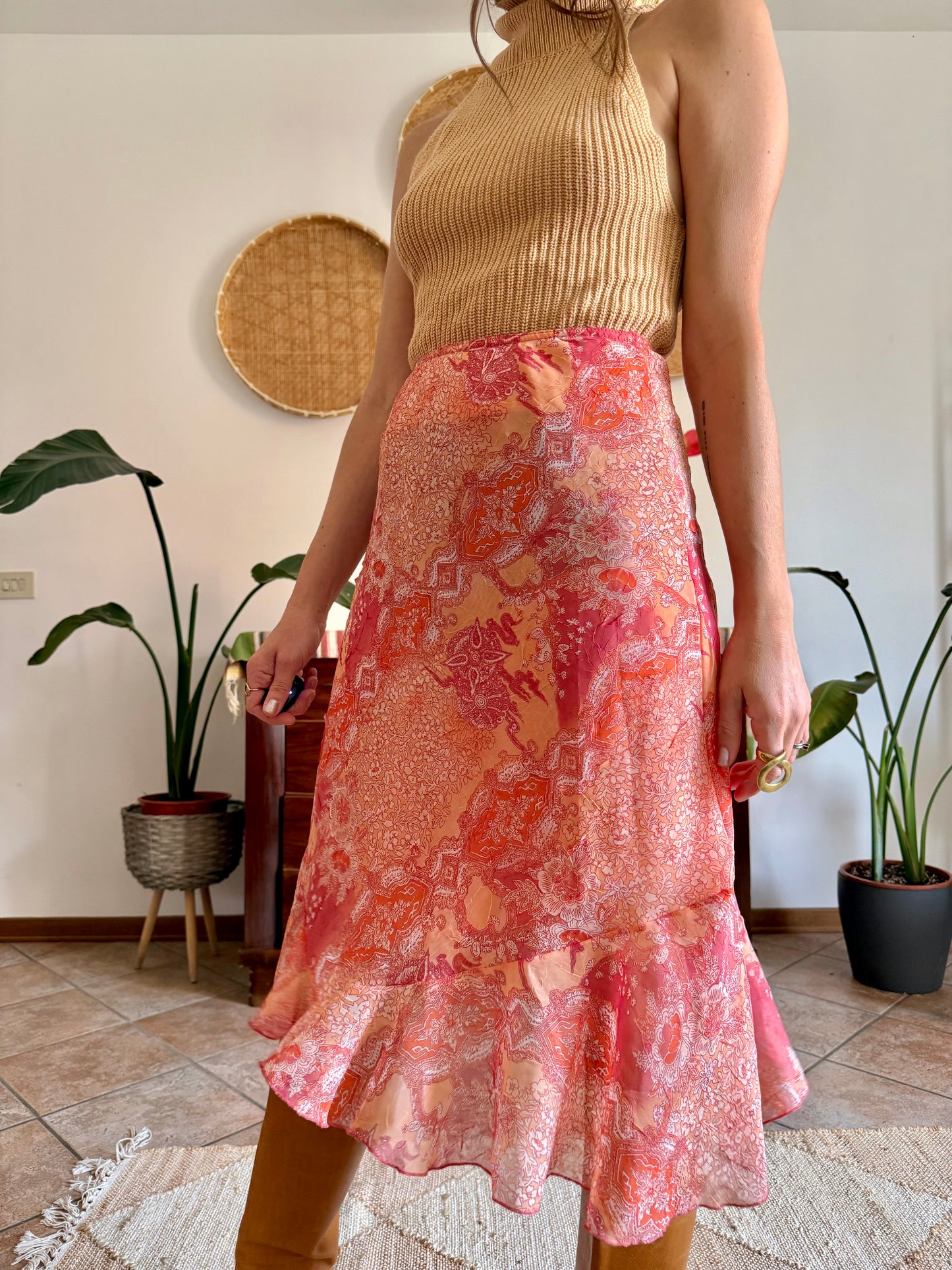 Y2k vintage pink and orange paisley midi skirt