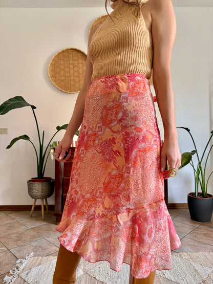 Y2k vintage pink and orange paisley midi skirt