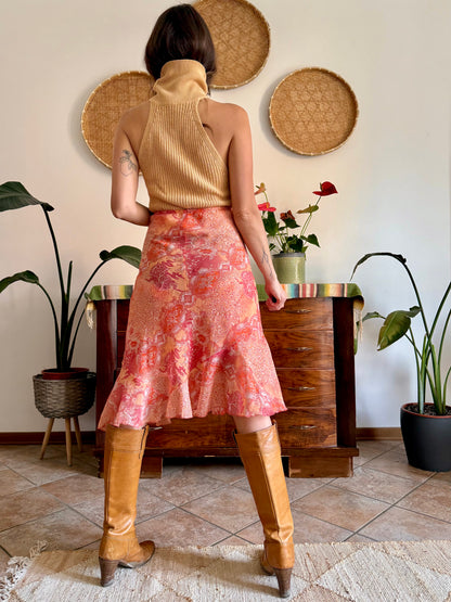 Y2k vintage pink and orange paisley midi skirt