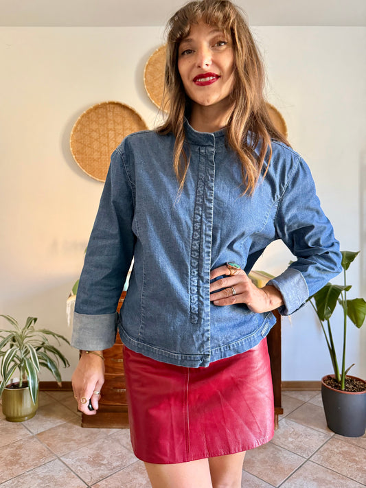 Y2k vintage dark blue denim hook and eye closure denim shirt