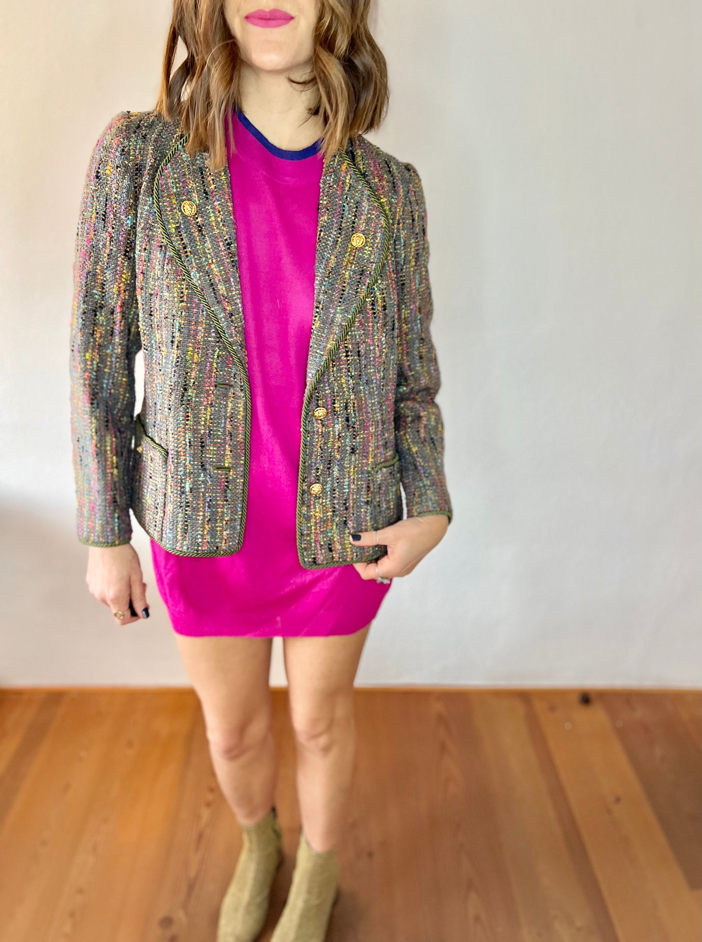 1970's vintage rainbow boucle blazer with lion buttons